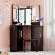 Cozy Castle Corner Vanity Set with Charging Station, Makeup Vanity Desk with Mirror and Lights, Vanity Table with Drawer and Adjustable Shelf for Bedroom, Black