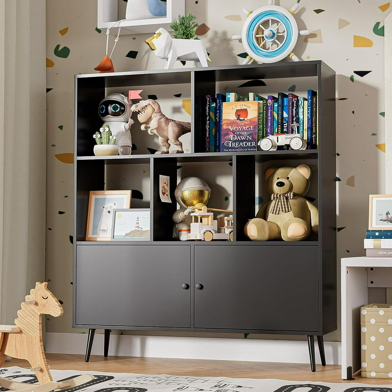 Cozy Castle Cube Bookshelf Mid Century Modern Bookcase 3 Tier Bookshelf with Doors Storage Display Cabinet Wood Bookshelf Organizer Bookshelf for