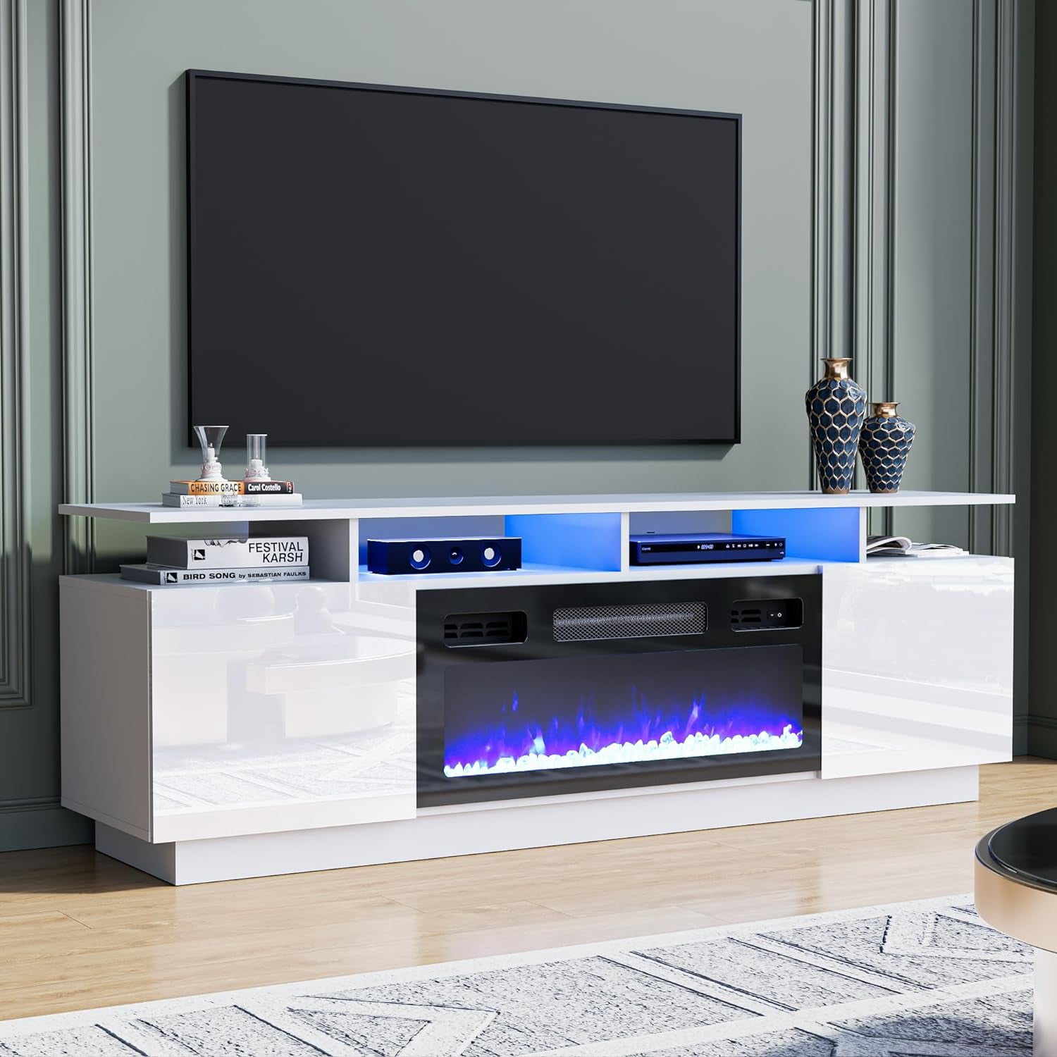 Cozy Castle Fireplace TV Stand for TV up to 75", High Gloss TV