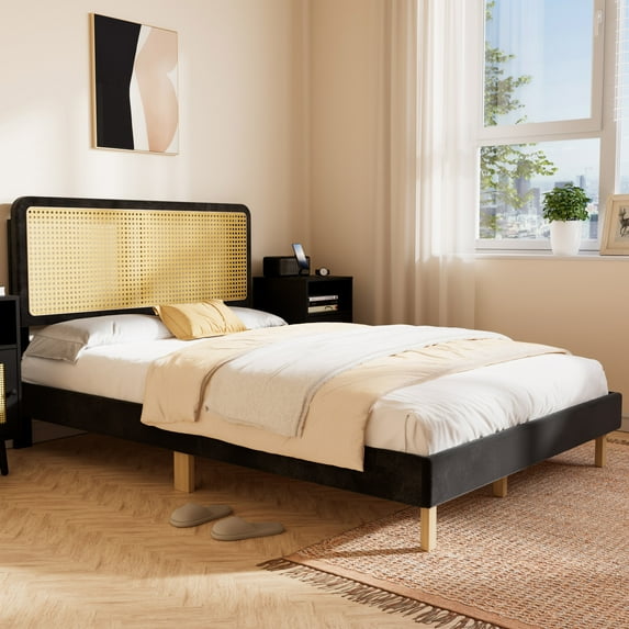 Cozy Castle Full Size Bed Frame with Adjustable Rattan Headboard, Boho Platform Bed Frame with Sturdy Slats Support, No Box Spring Needed, Black
