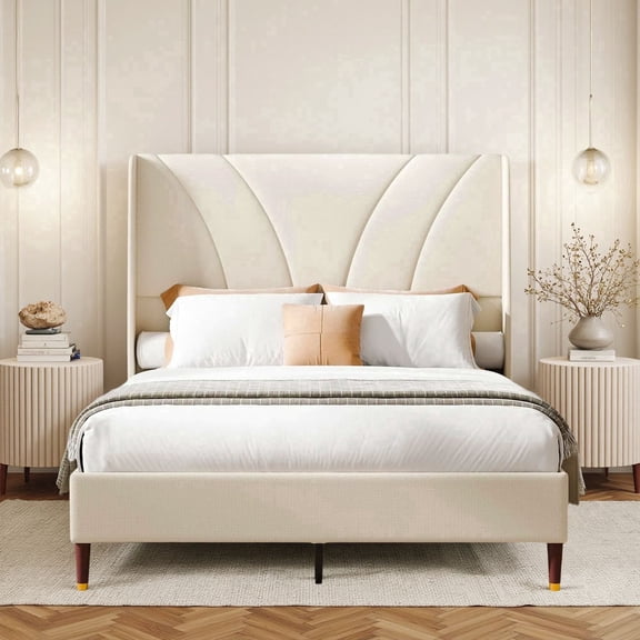 Cozy Castle Full Size Upholstered Platform Bed - 51.2" Tall Curved Wingback Headboard, Soft Fabric, Noise-Free, Wooden Slats, No Box Spring Needed, Easy Assembly, Beige