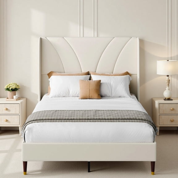 Cozy Castle Full Size Upholstered Platform Bed - 51.2" Tall Curved Wingback Headboard, Soft Fabric, Noise-Free, Wooden Slats, No Box Spring Needed, Easy Assembly, Beige