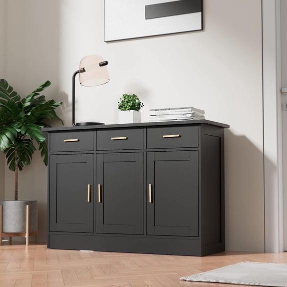 Cozy Castle Black Kitchen Buffet Cabinet, Black Kitchen Storage Cabinet with 3 Doors and 3 Drawers, Black Buffet Sideborad for Dining Room, Dining Room, Kitchen