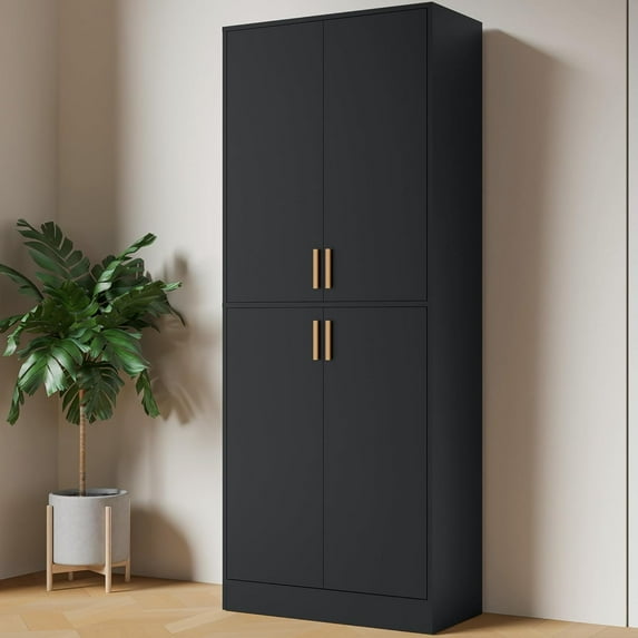 Cozy Castle Kitchen Pantry Cabinet, 71" Tall Wood Storage Cabinet with Doors and Shelves 4 Doors Freestanding Cupboard Utility Hutch for Dining Room Living Room Bathroom Furniture, Black
