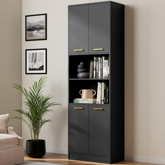 Cozy Castle Kitchen Pantry Cabinet, 75" Tall Wood Storage Cabinet with Doors and Shelves, 4 Doors Open Countertop Utility Hutch Cupboard for Dining Room Living Room Bathroom Furniture, Black