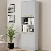 Cozy Castle Kitchen Pantry Cabinet, 75" Tall Wood Storage Cabinet with Doors and Shelves, 4 Doors Open Countertop Utility Hutch Cupboard for Dining Room Living Room Bathroom Furniture, Gray