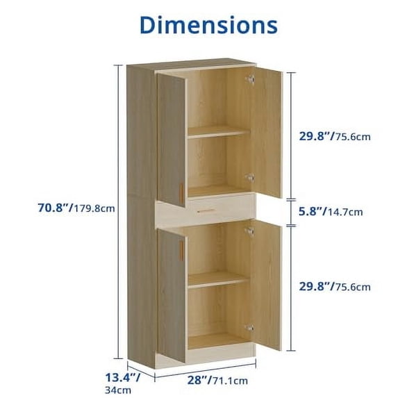Cozy Castle Kitchen Pantry Storage Cabinet 71" Tall 4 Doors Wood Freestanding Cupboard with Sliding Drawer and 2 Adjustable Shelves for Dining Room Living Room, Laundry, Bathroom,