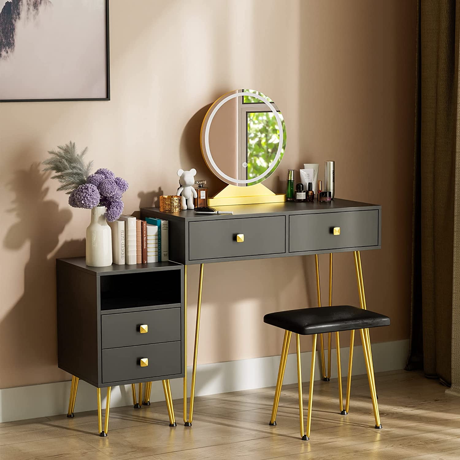 Vanity Desk Makeup Vanity with LED Lighted Mirror and Cushioned Storage  Makeup Stool, small Vanity Table Set with Movable Bedside Table for Family