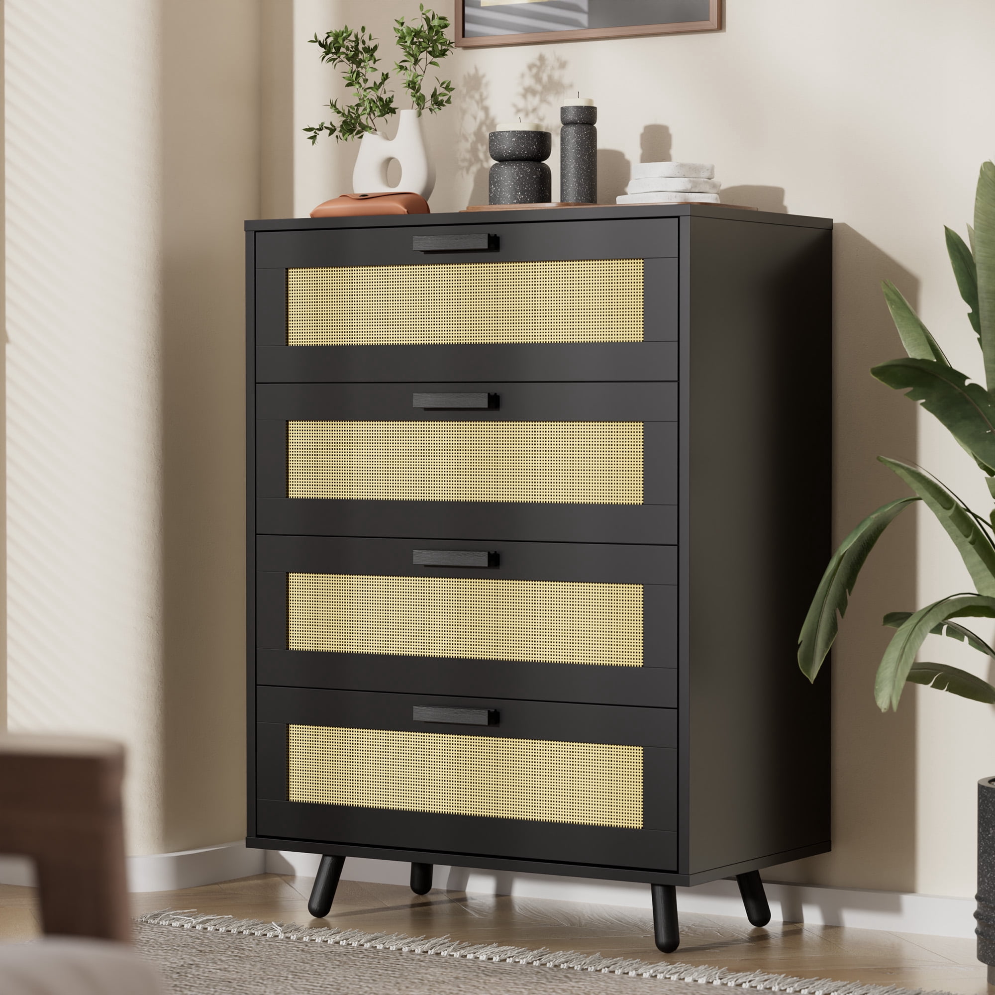 Cozy Castle MidCentury Modern 4 Drawer Dresser, Rattan Dresser Chest