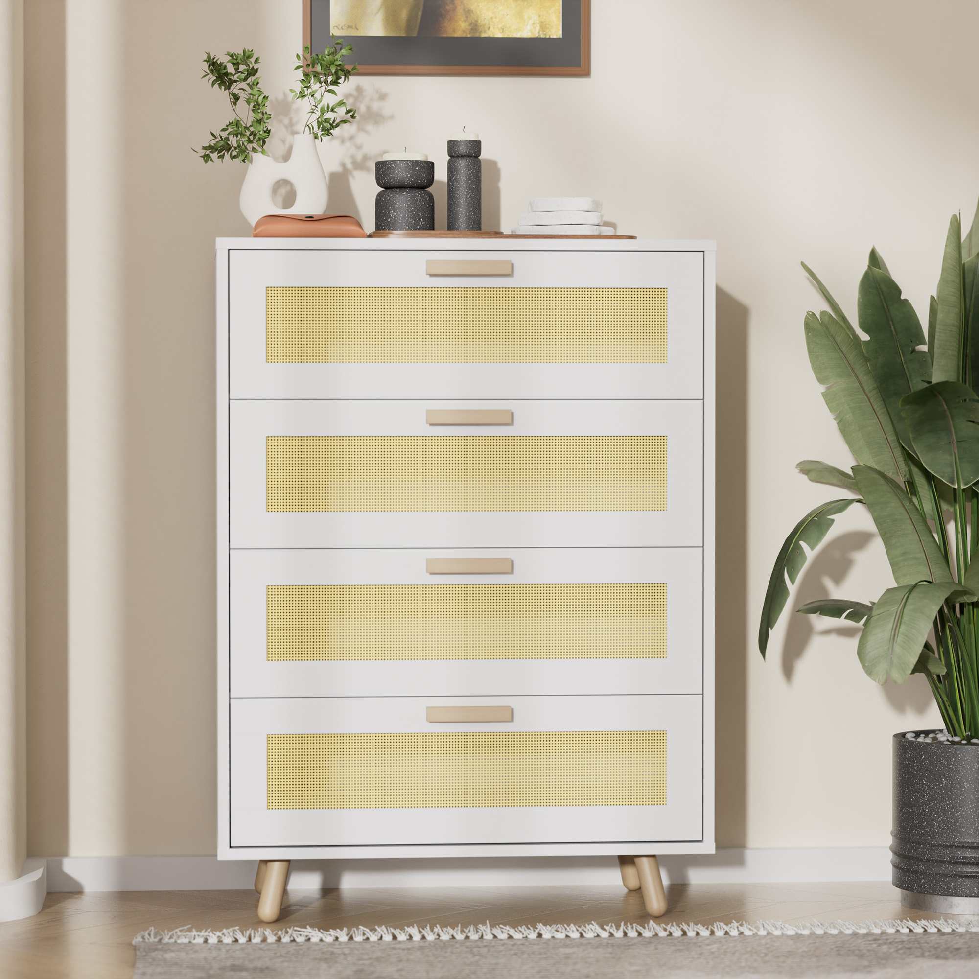 Cozy Castle MidCentury Modern 4 Drawer Dresser, Rattan Dresser Chest