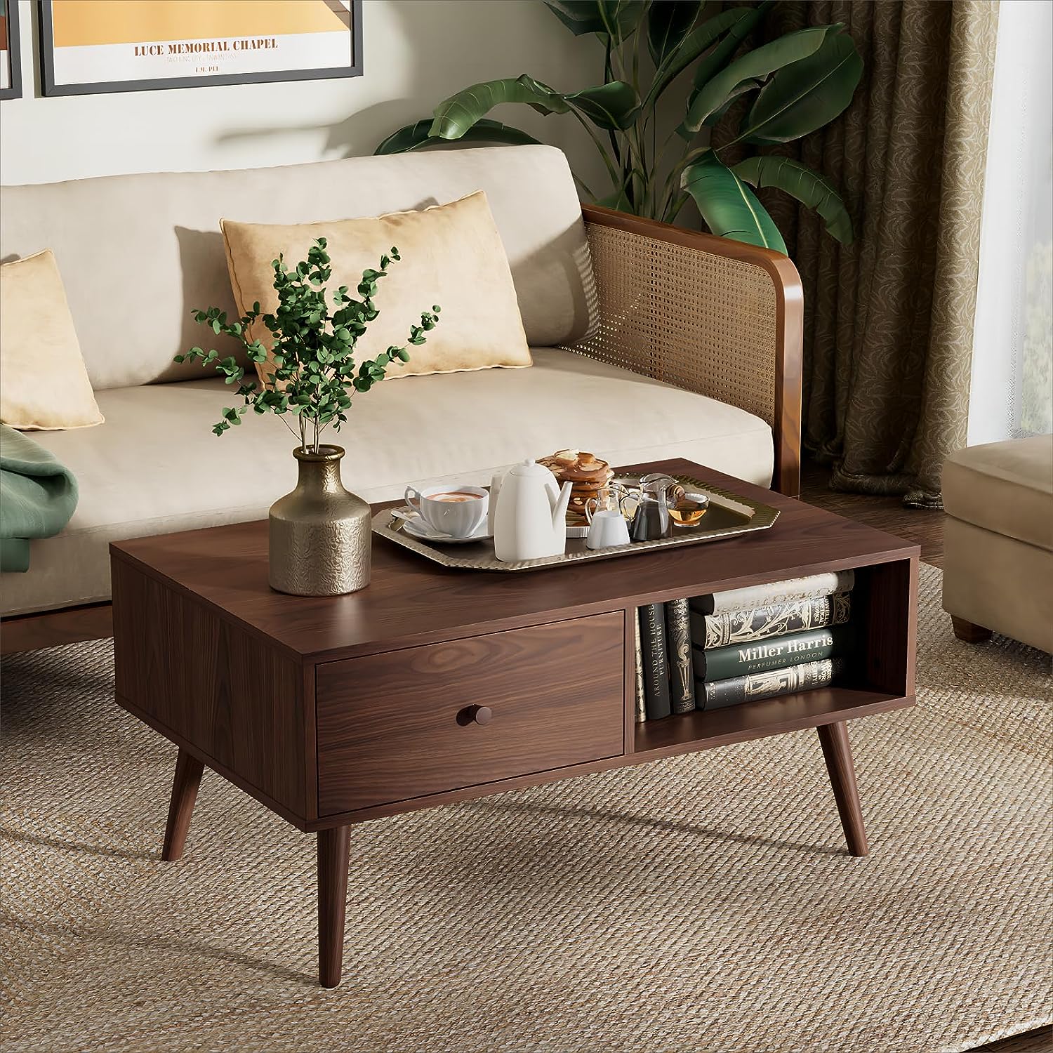 Cozy Castle MidCentury Modern Coffee Table, Console Table with Drawer