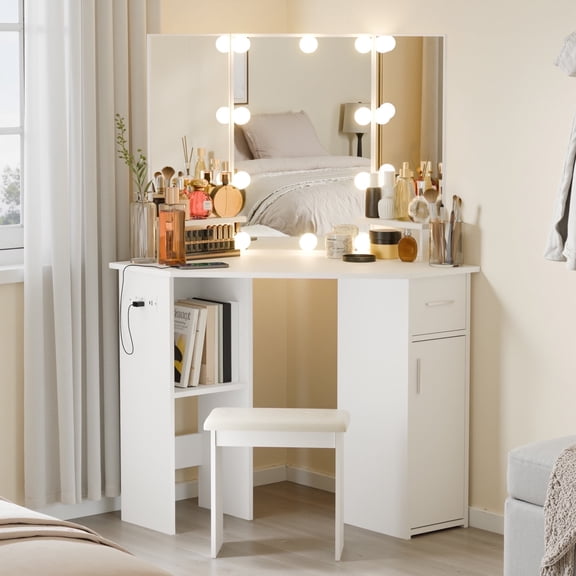 Cozy Castle White Corner Vanity Set with Mirrors and Light