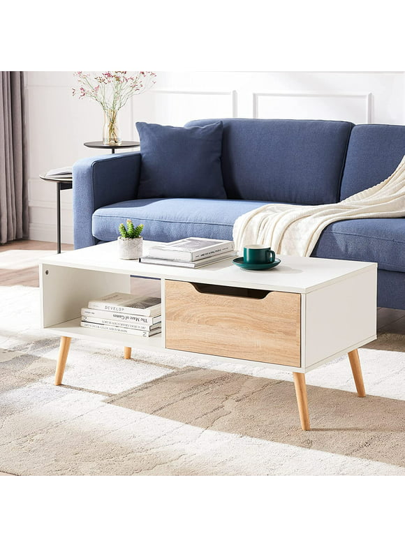 Cozy Castle Modern Coffee Table, Wooden Cocktail Table with Open Storage Shelf and 1 Drawer, Minimalist Hallway Table, Mid Century Modern Coffee Table for Living Room Apartment Reception, White