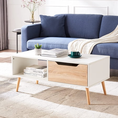 Cozy Castle Modern Coffee Table, Wooden Cocktail Table with Open Storage Shelf and 1 Drawer, Minimalist Hallway Table, Mid Century Modern Coffee Table for Living Room Apartment Reception, White