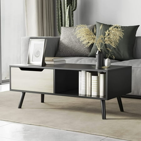 Cozy Castle Modern Coffee Table Wooden Console Table 2 Tier with Open Storage Shelf and 1 Drawer Easy Assembly Minimalist Hallway Table Mid Century Modern Coffee Table for Living Room