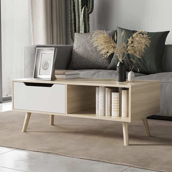 Cozy Castle Modern Coffee Table Wooden Console Table 2 Tier with Open Storage Shelf and 1 Drawer Easy Assembly Minimalist Hallway Table Mid Century Modern Coffee Table for Living Room