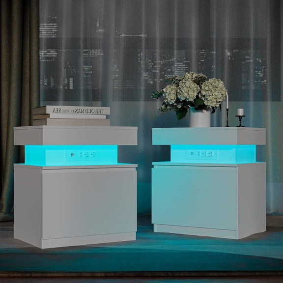 Cozy Castle Modern LED Nightstand with Charging Station, White