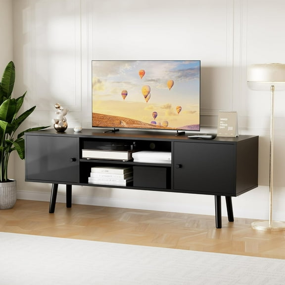 Cozy Castle Modern TV Stand for 60 inch TV, TV Console for Bedroom Living Room and Office, Entertainment Center with Adjustable Shelf, Charging Station, Black