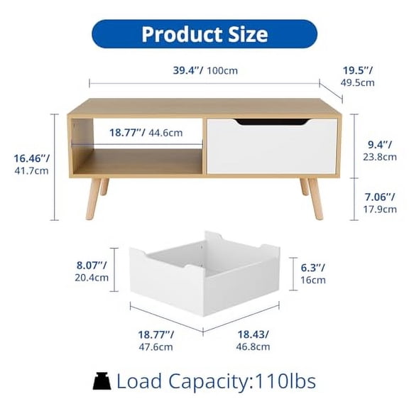 Cozy Castle Modern Wooden Coffee Table with Storage, Minimalist Hallway Mid Century Cocktail Table for Living Room Apartment Reception, Oak