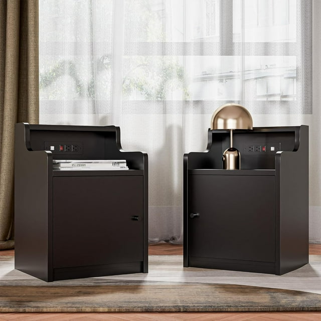 Cozy Castle Nightstand Set of 2, Wooden Night Stand with Charging Station, Bedside Table with Adjustable Shelf for Bedroom, Black