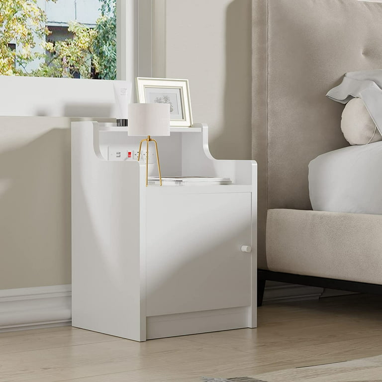 Cozy Castle Nightstand with Charging Station, Wooden Bedside Table with  Adjustable Shelf for Bedroom, Living Room, White