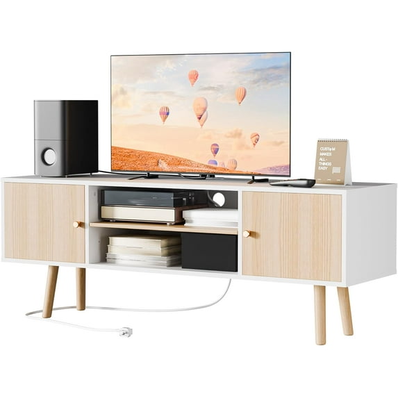 Cozy Castle Oak TV Stands for Living Room Up to 48"-55", Mid-Century Modern Media Console, Entertainment Center with 2 Cabinets, Adjustable Shelf and Charging Station TV Stand for Living Room