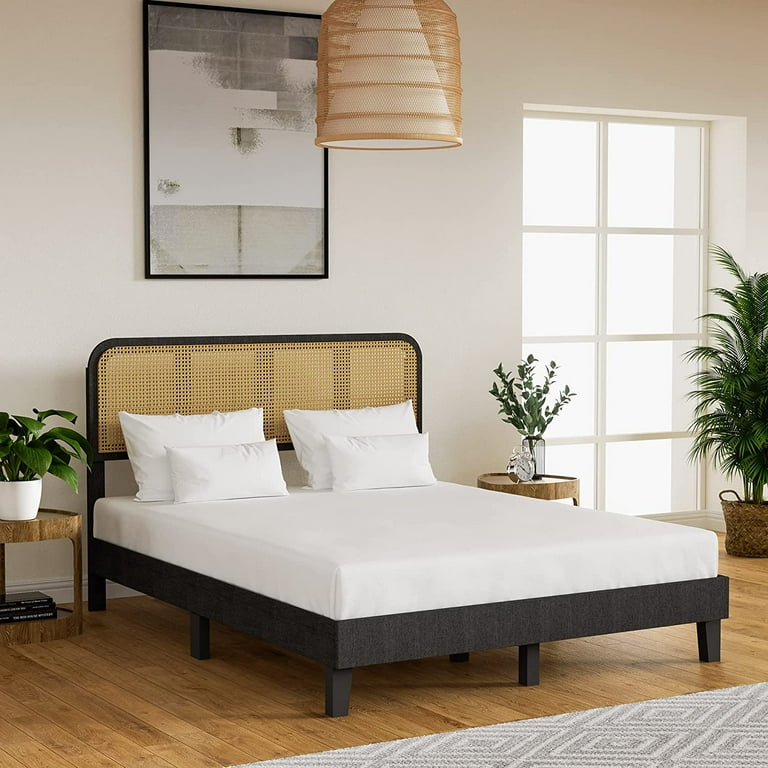 Cozy Castle Queen Rattan Wooden Platform Bed Frame with Adjustable Headboard and Wood Slat Support No Box Spring Needed Black