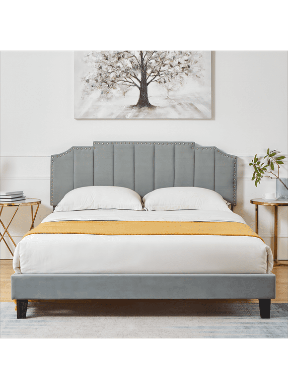 Cozy Castle Queen Size Bed Frame, Platform Bed Frame with Adjustable Headboard, Wood Slat Support, No Box Spring Needed, Inlaid Rivet Elements, Linen - Grey