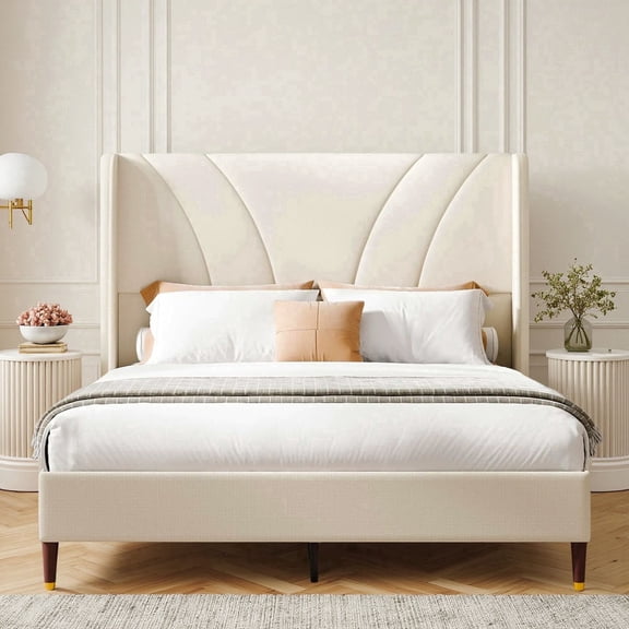 Cozy Castle Queen Size Upholstered Platform Bed - 51.2" Tall Curved Wingback Headboard, Soft Fabric, Noise-Free, Wooden Slats, No Box Spring Needed, Easy Assembly, Beige