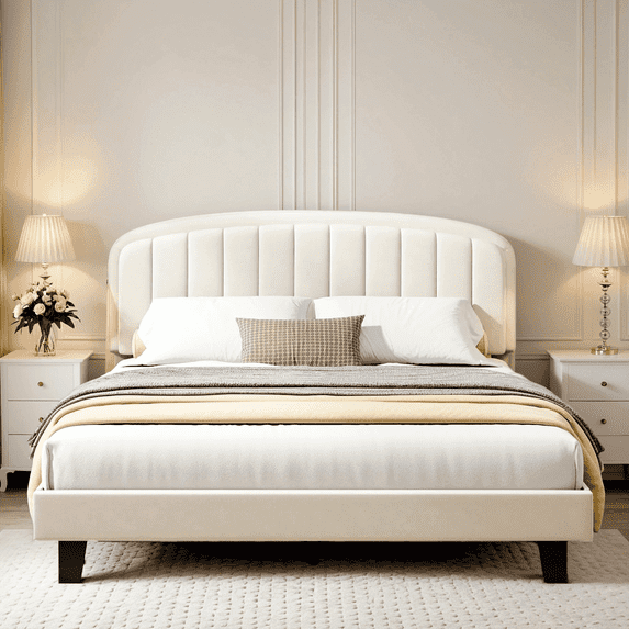Cozy Castle Queen Size Upholstered Platform Bed Frame - Velvet Adjustable Curved Headboard, Strong Wooden Slats Mattress Foundation, No Box Spring Needed, Easy Assembly, Cream