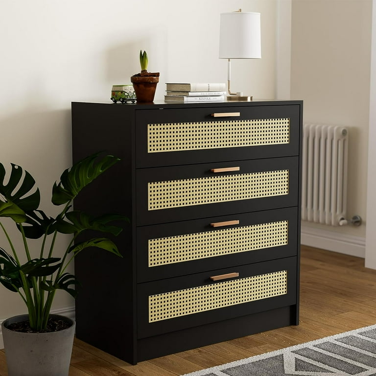 Cozy Castle Rattan 4 Drawer Dresser for Bedroom Wooden Chest of Drawers with Metal Handles Modern Boho Dresser for Bedroom Living Room Black