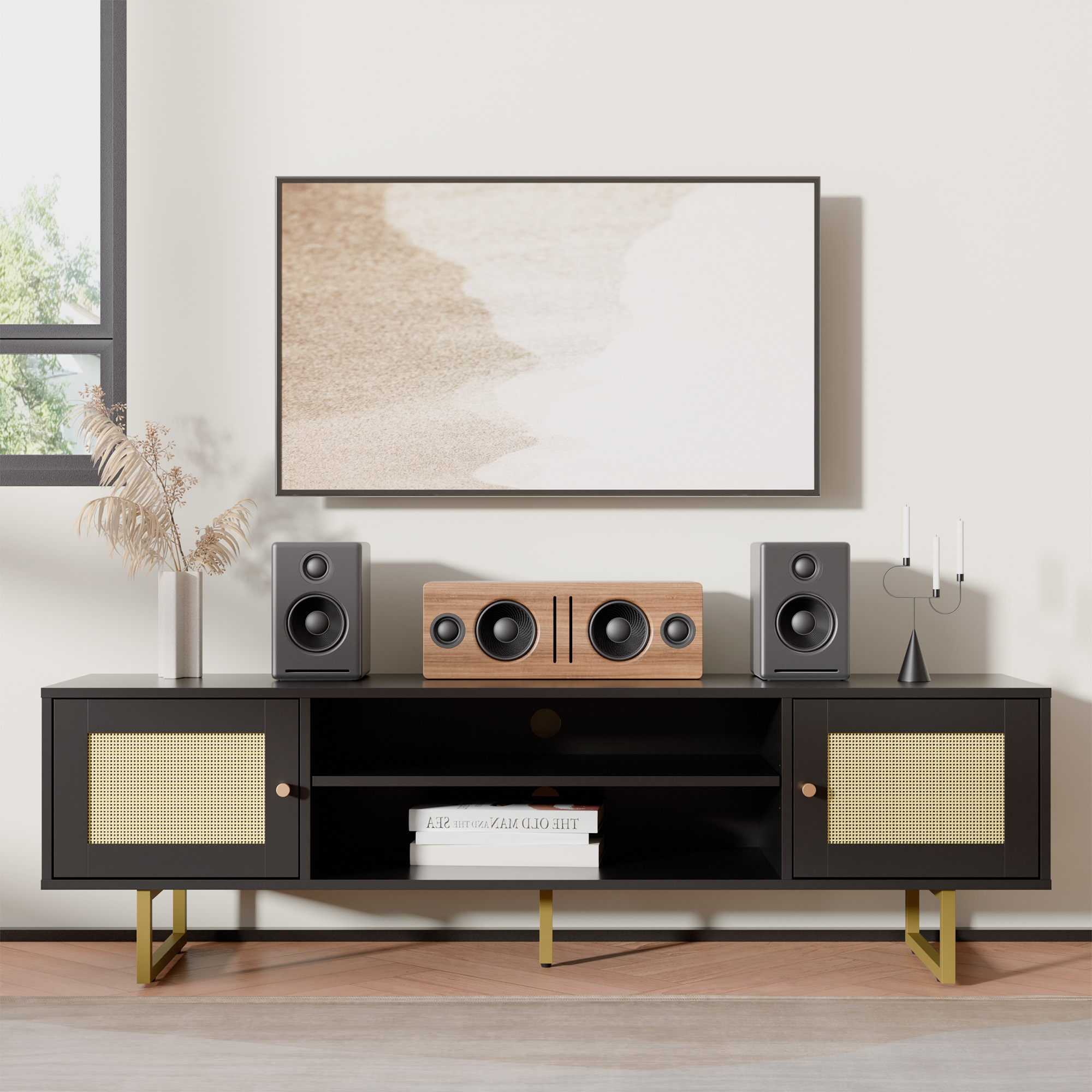 Cozy Castle Rattan TV Stand for 55/60/65 Inch TV, Entertainment Center