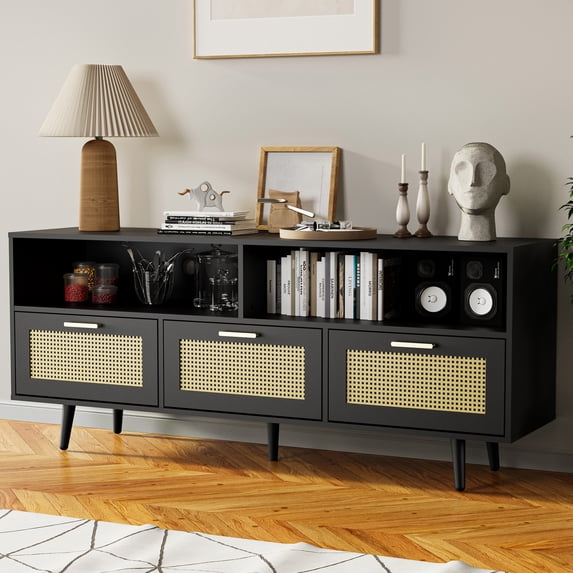 Cozy Castle Rattan TV Stand with Storage for 65/70 Inch TV, 61" in Boho TV Entertainment Center, TV Console for Living Room, Black