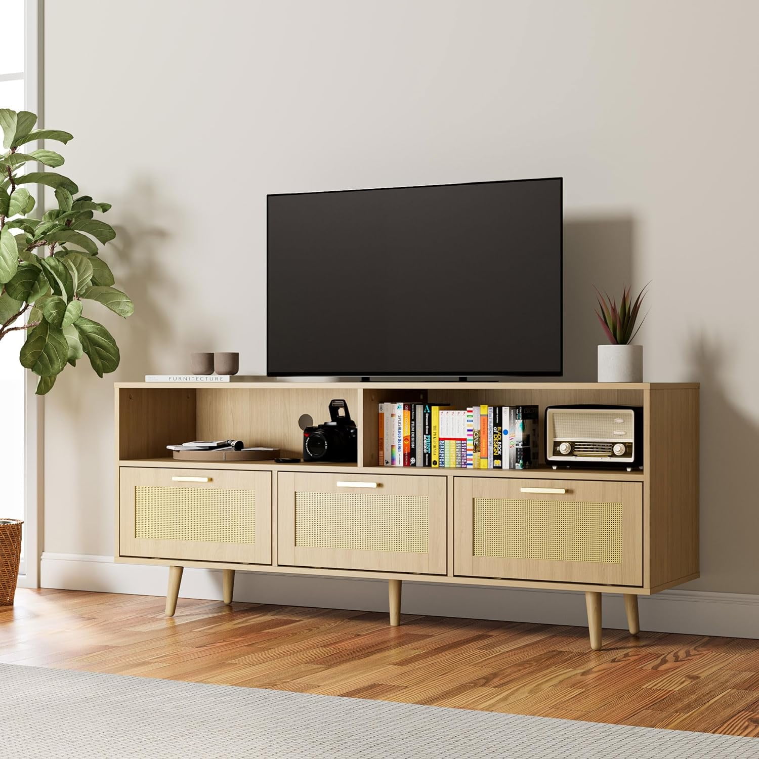 Cozy Castle Rattan TV Stand with Storage for 65 70 Inch TV 61