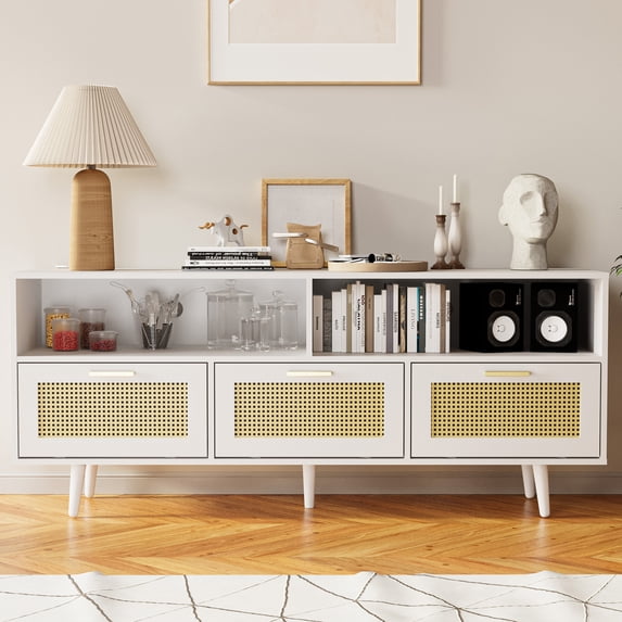 Cozy Castle Rattan TV Stand with Storage for 65/70 Inch TV, 61" in Boho TV Entertainment Center, TV Console for Living Room, White