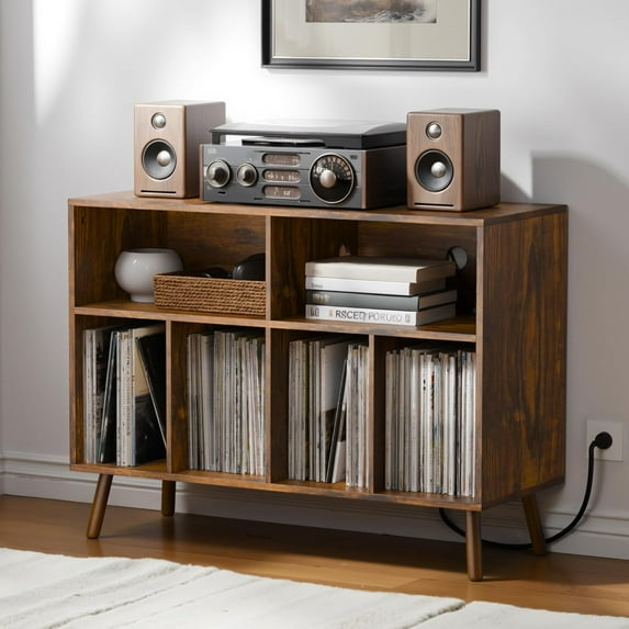 Cozy Castle Record Player Stand, Turntables Stand with Charging Station and Vinyl Record Storage Holds up to 350 Albums, Record Stand Table for Living Room, Office, Rustic Brown