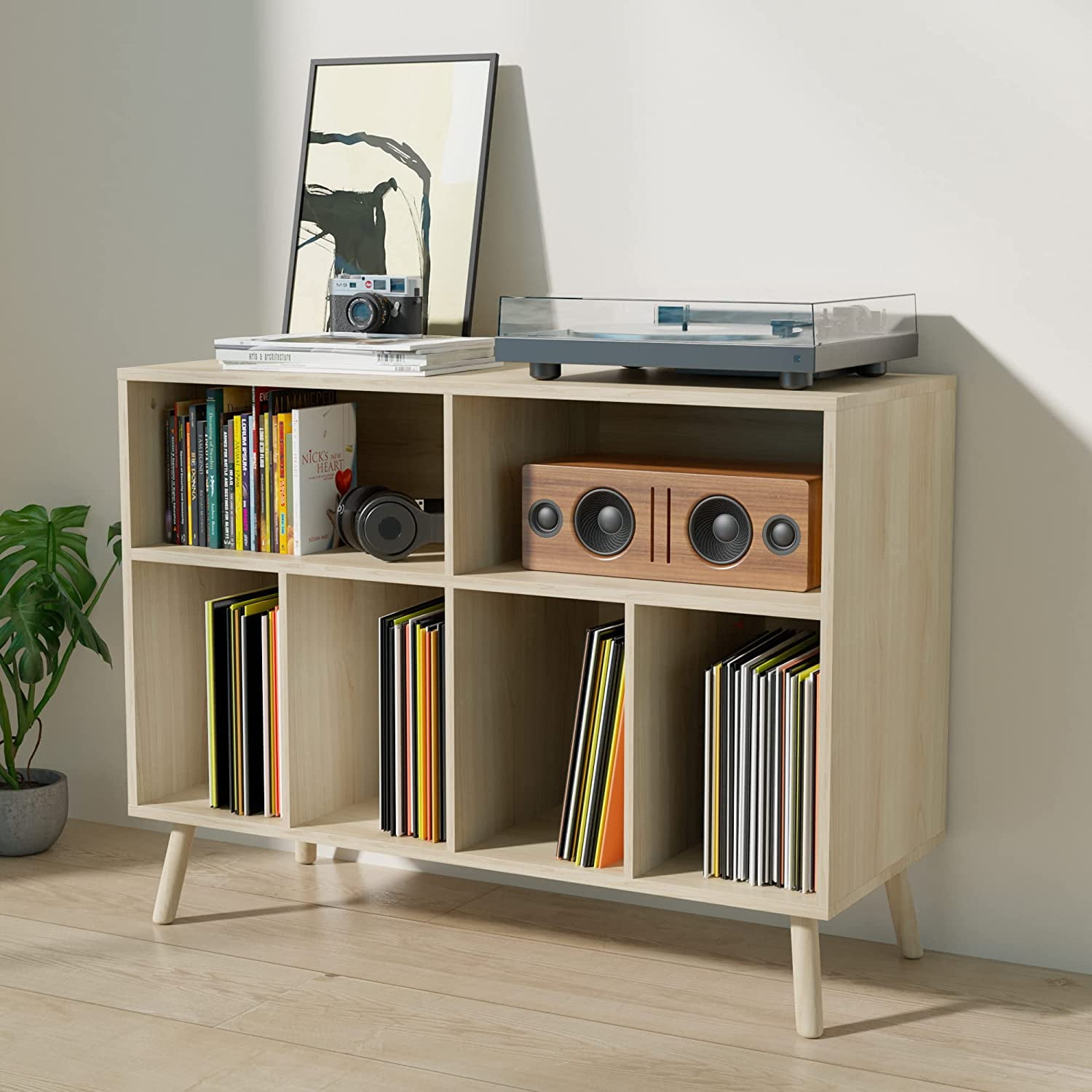 Cozy Castle Oak Record Player Stand, Vinyl Storage, Holds