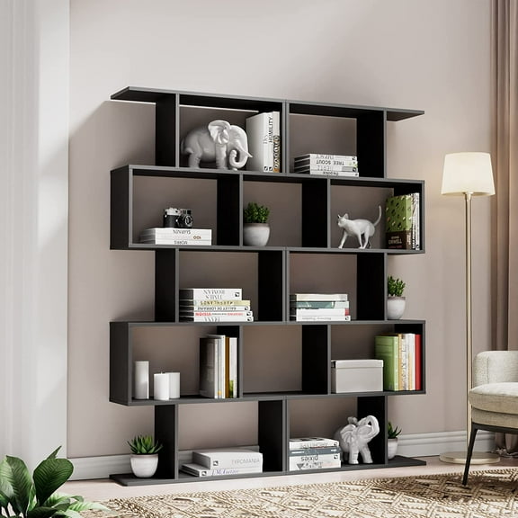 Cozy Castle Set of 2 Geometric Bookcase, S-Shaped Modern Bookshelf, Room Divider Bookshelf, 62" Tall Unique Abstract Bookcase with 5-Tier Display Shelf for Living Room Office, Black