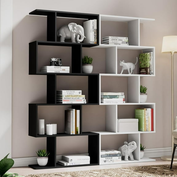 Cozy Castle Set of 2 Geometric Bookcase, S-Shaped Modern Bookshelf, Room Divider Bookshelf, 62" Tall Unique Abstract Bookcase with 5-Tier Display Shelf for Living Room Office, White & Black