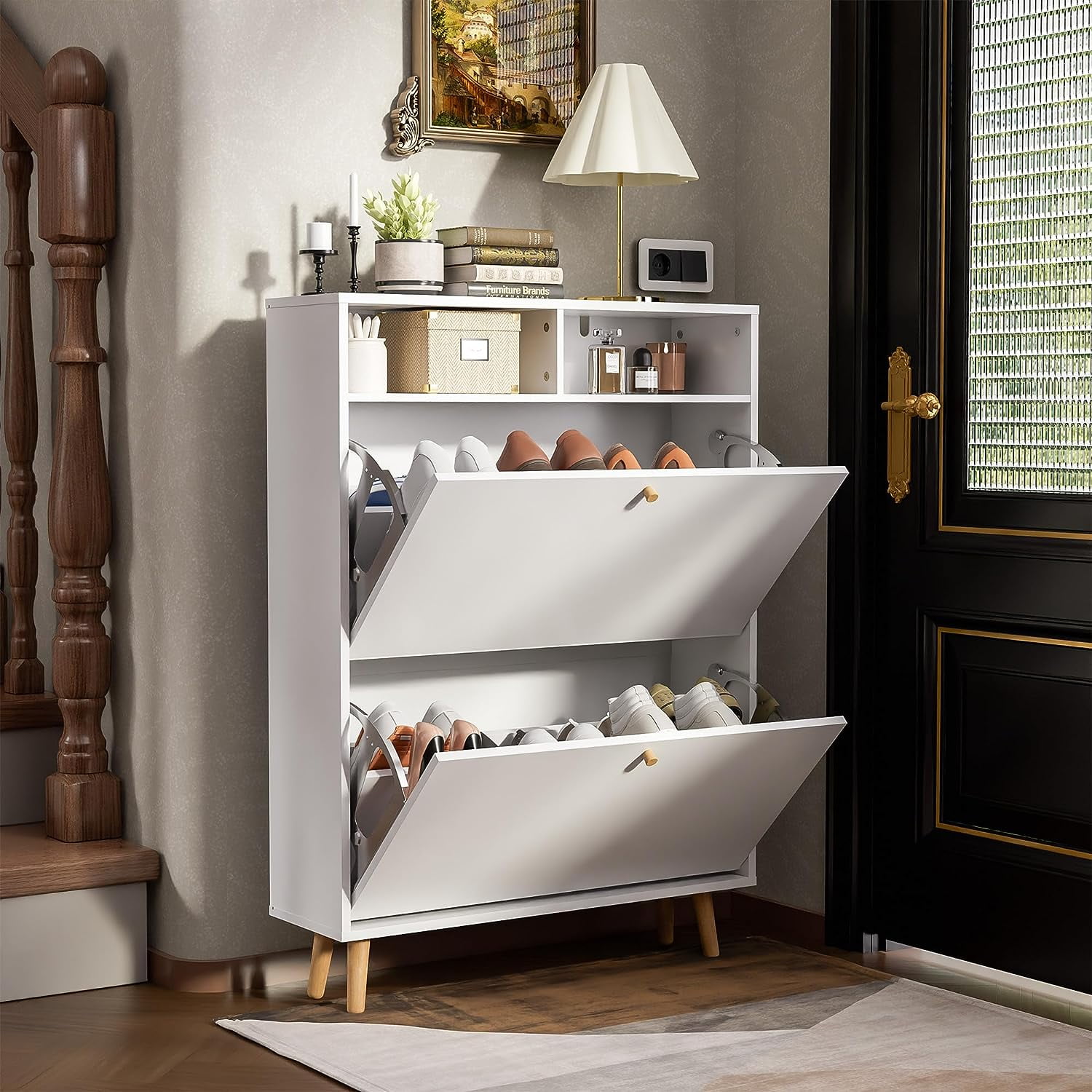 Cozy Castle Shoe with 2 Flip Drawers, MidCentury Modern Shoe