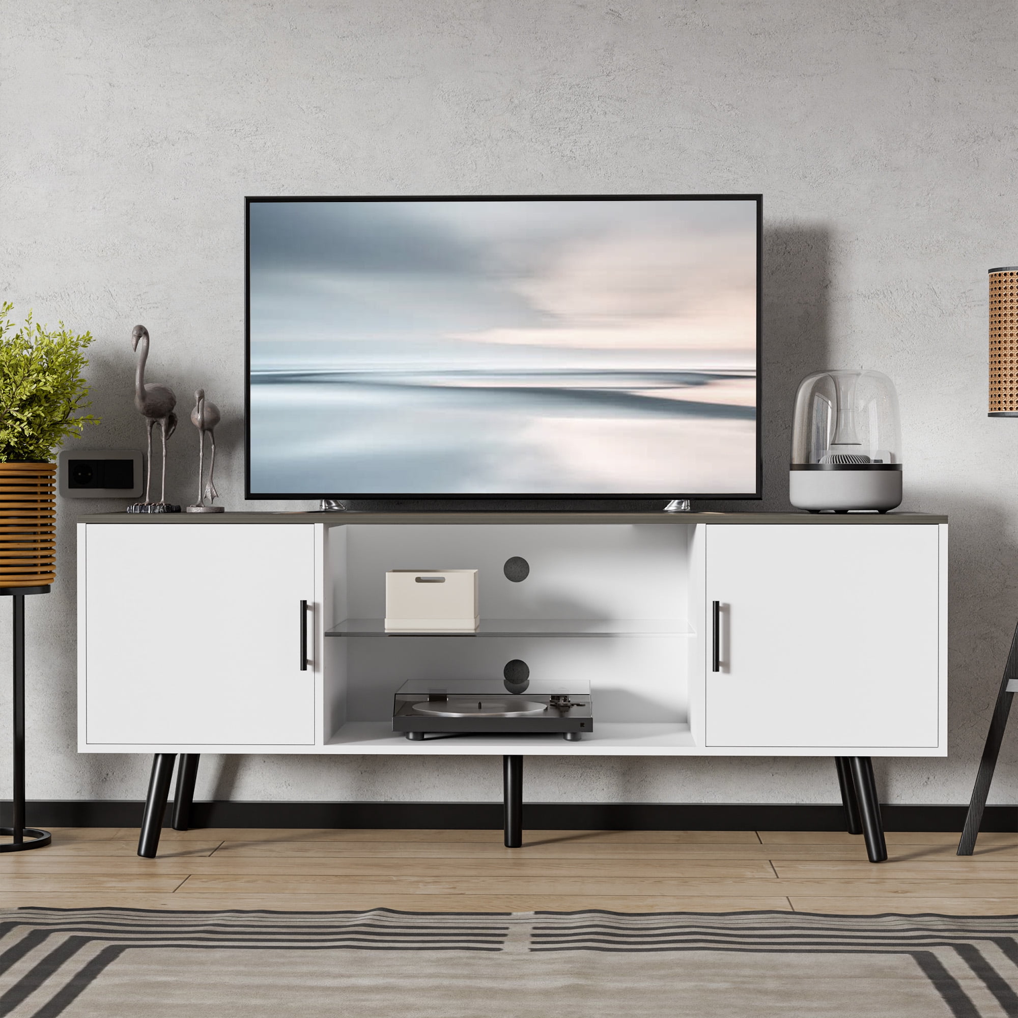 Cozy Castle TV Stand for 65 Inch TV with Glass Shelf Mid Century