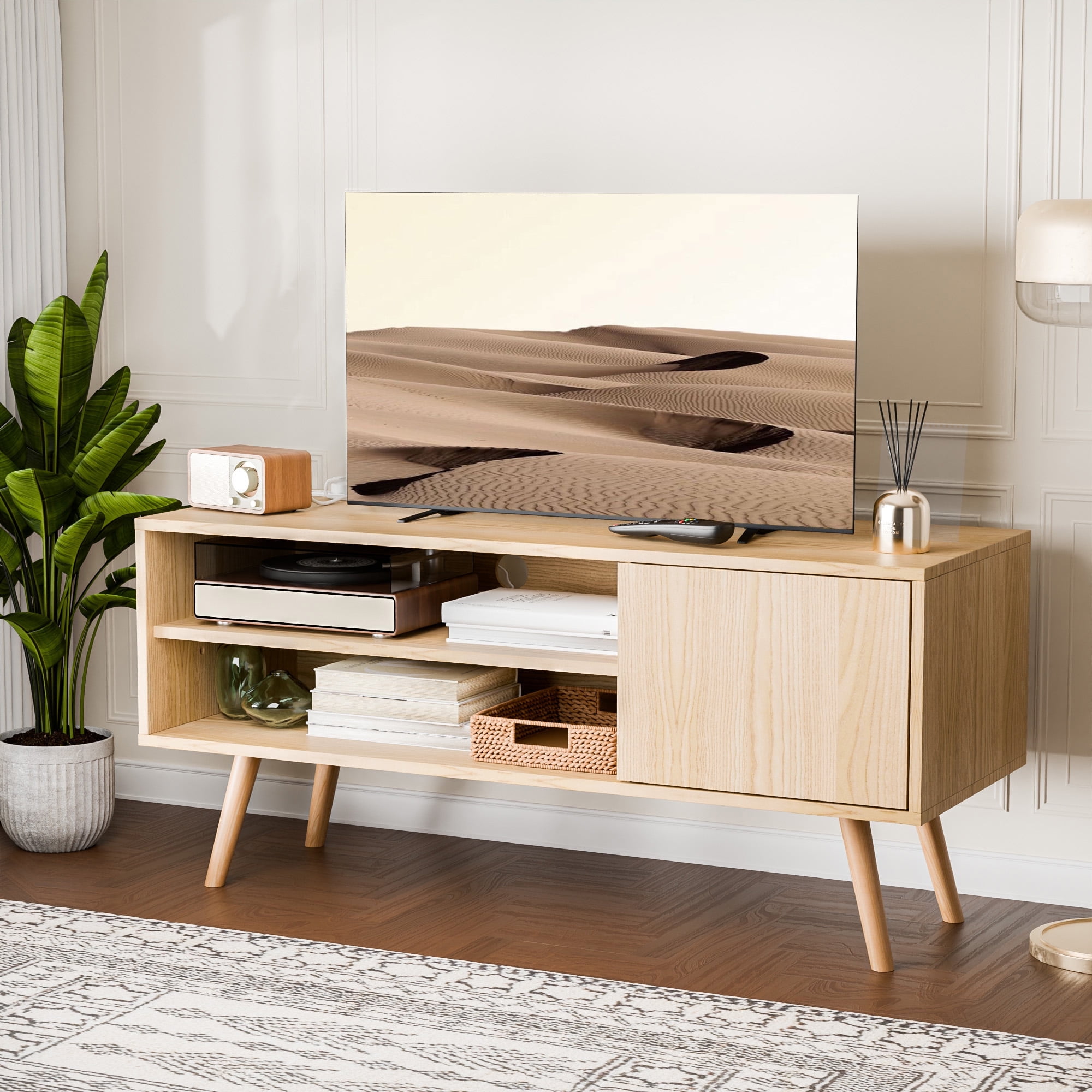 Cozy Castle 50 Inch TV Stand Modern Entertainment Center with Charging Station Oak