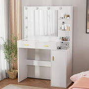 Cozy Castle Vanity Desk with Mirror and Lights, Makeup Vanity Desk with Glass top and Charging Station, Vanity Table with Drawers for Bedroom, White