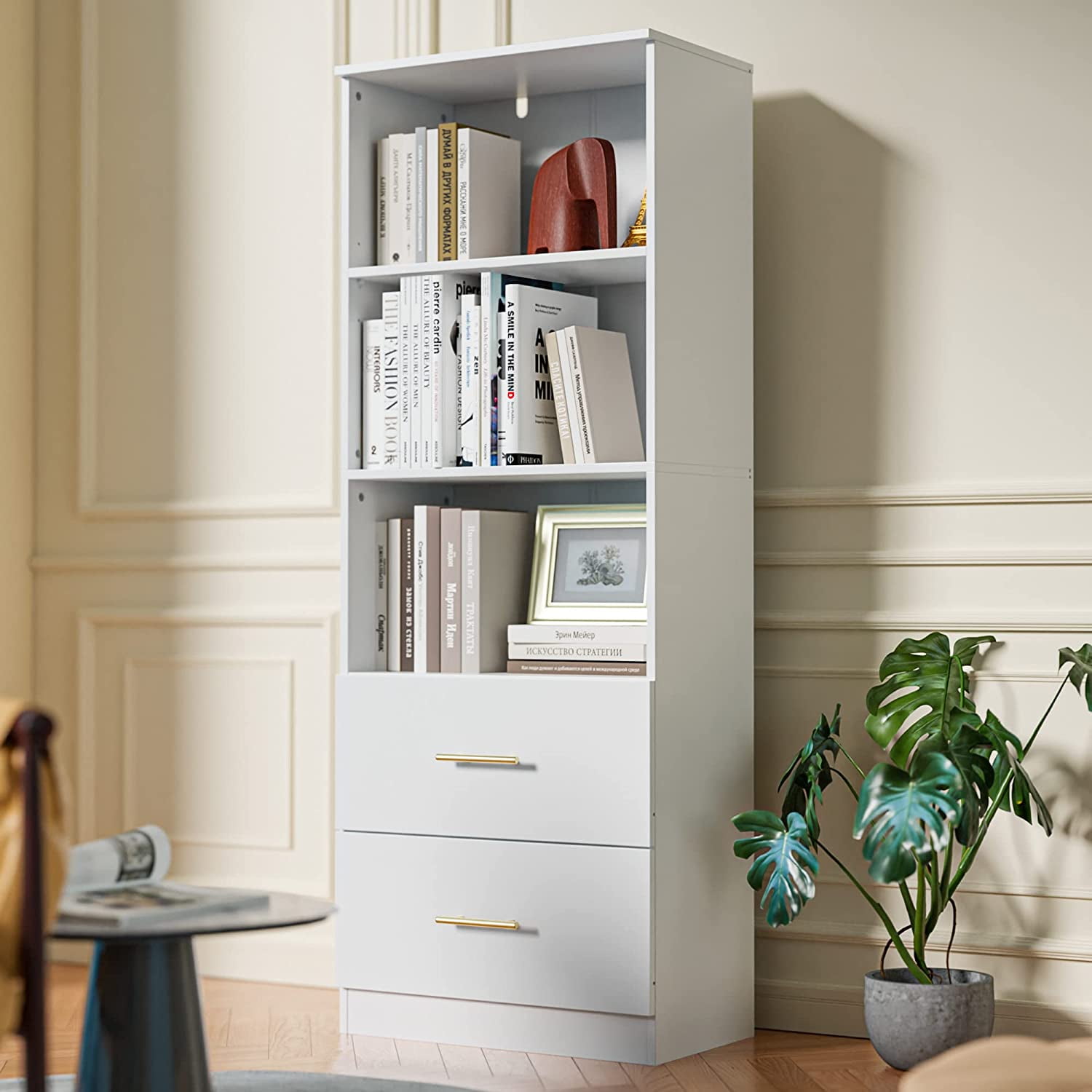 Cozy Castle White Bookcase with Drawers, 3 Shelf Bookcase with
