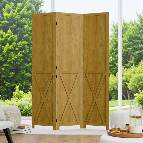 Cozy Castle Wood Room Divider, 3 Panel 66.9 Inch Privacy Screen - Folding Barnwood Separator, Freestanding Partition, Decorative Temporary Wall, Natural
