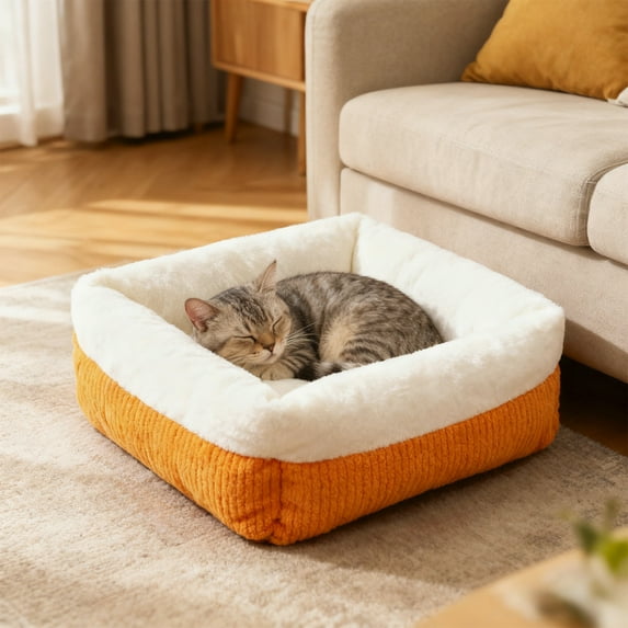 Cozy Cat Bed with Bolster Warm Plush Pet Cushion for Small Dogs Indoor Outdoor Comfortable Sleeping Pod(Orange)