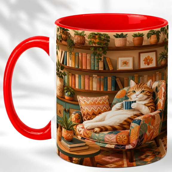 Cozy Cat Coffee Mug, Reading Room Mug, Ceramic Cup