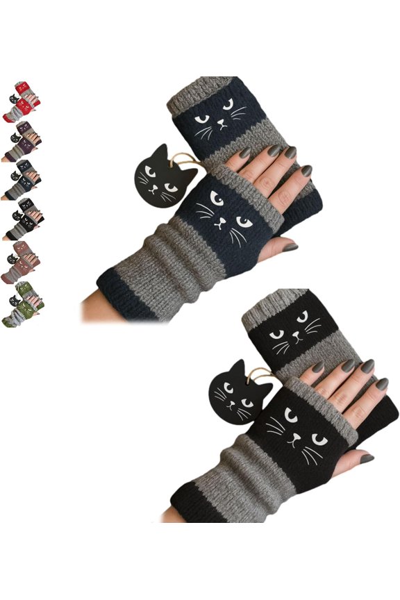 Cozy Cat Gloves, Cute Cat-Embroidered Patchwork Knit Fingerless Cat Gloves for Women a Retro Winter Choice