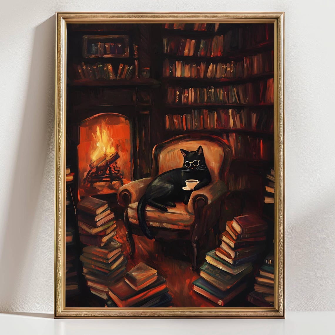 cozy-cat-in-library-art-black-cat-by-fireplace-books-reading-nook-dark