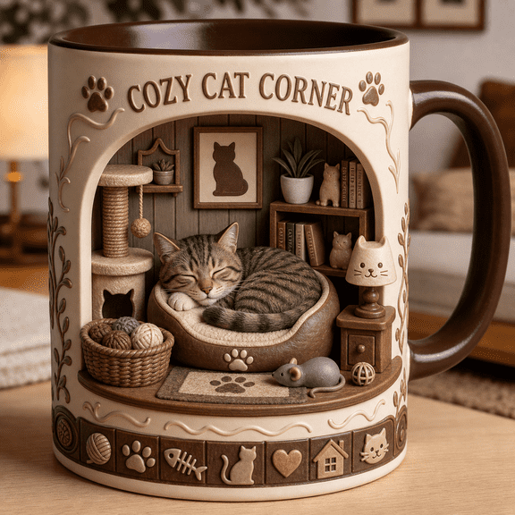 Cozy Cat Mug for Cat Lovers, Cute Home Coffee Cup, General POD Gift